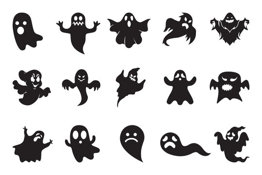 Set of spooky ghost silhouette in different shapes isolated on white background