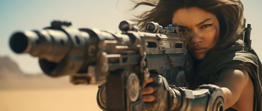 Portrait of sci-fi female soldier in futuristic amour shooting gun. Anamorphic 4k footage