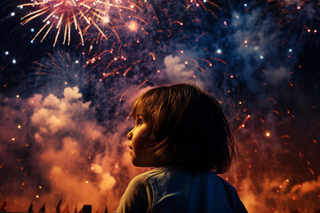 A child's eyes filled with wonder and amazement as they gaze at a dazzling display of fireworks in the night sky - obrazy, fototapety, plakaty