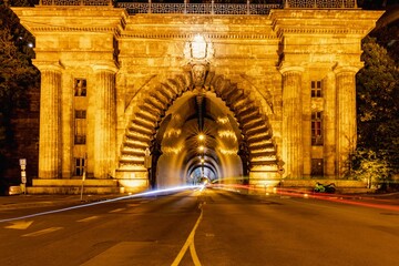 Long exposure shot of a tunnel situated under Castle Hill in Buda, Hungary