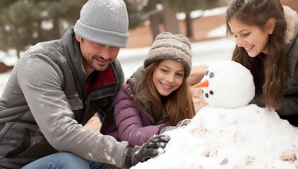 Obraz premium Happy family playing with snowman in winter park.