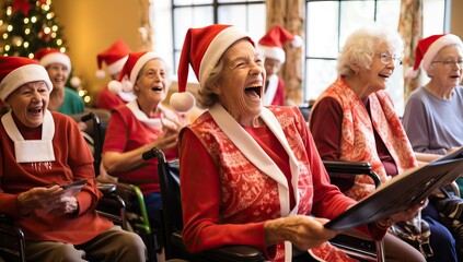 Fototapeta premium Senior woman in a wheelchair singing Christmas songs in front of her family