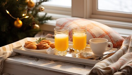 Two glasses of orange juice and cookies on a tray near the Christmas tree - Powered by Adobe