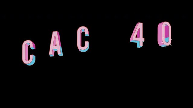 Bright letters jump merrily in the inscription CAC 40 World stock index. Retro. Alpha channel black. Looped from frame 120 to 240, Alpha BW at the end
