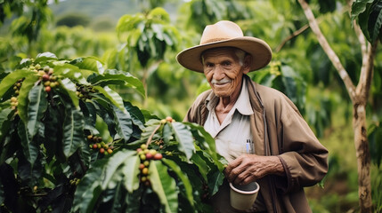 A Latin American collects coffee beans on a plantation on a sunny day. A coffee farmer collects coffee. Brazil, Kenya.