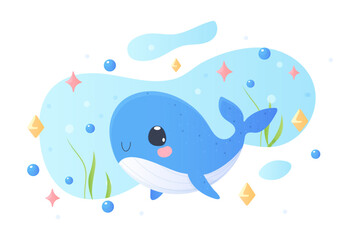 a cute whale in cartoon style. Vector illustration. Tshirt print, children's.