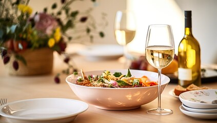 Glass of white wine and plate with appetizers on table at home