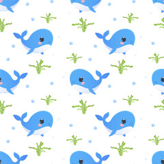 a baby pattern with cute whales. Vector illustration