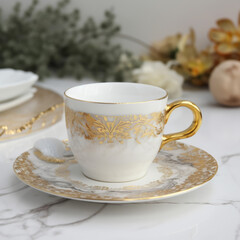 Royal marble square tea cup with golden design in white background " ai generated "