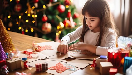 little girl making Christmas greeting card at table in room decorated for Christmas