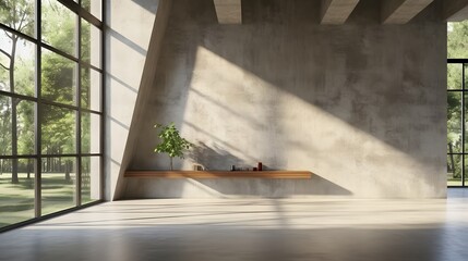 Modern loft style empty space interior,There are polished concrete floor ,wall and ceiling,There are large window look out to see the nature view,sunlight shining into the room.