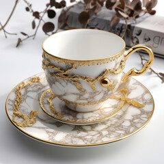 Obraz na płótnie Canvas Royal marble square tea cup with golden design in white background 