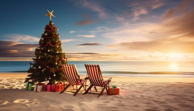 Christmas tree on a beach with chairs and presents at sunset