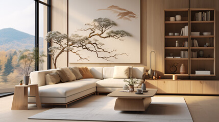 Fototapeta na wymiar Japandi interior design for a modern living room featuring an elegant sofa, framed artwork, a table, and wall