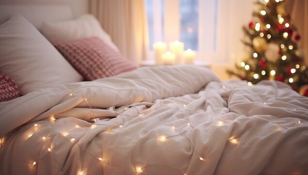 Comfortable bed with Christmas lights in room