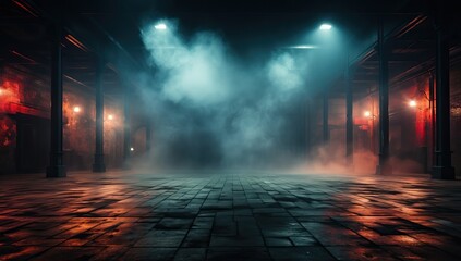 Foggy night scene in a dark corridor. - obrazy, fototapety, plakaty