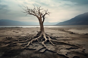 Generative AI Dry cracked land with dead tree and sky in background a concept of global warming. A lonely dry dead tree in the middle of a dried-up pond grows right out of clay and sand.
