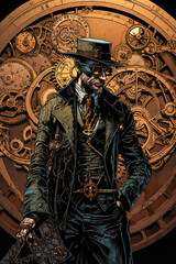 Steampunk Man in Graphic Novel Style.  Generative AI.  A digital illustration of a steampunk man in a comic book, graphic novel art style.