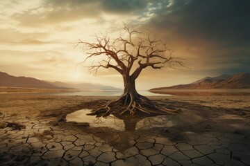 Generative AI Dry cracked land with dead tree and sky in background a concept of global warming. A lonely dry dead tree in the middle of a dried-up pond grows right out of clay and sand. - obrazy, fototapety, plakaty
