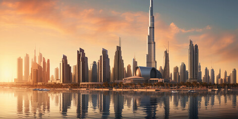 Dubai cityscape, ultra - high detail, Burj Khalifa and surrounding skyscrapers, golden sands in the foreground, sunset