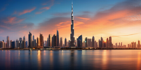 Dubai cityscape, ultra - high detail, Burj Khalifa and surrounding skyscrapers, golden sands in the foreground, sunset