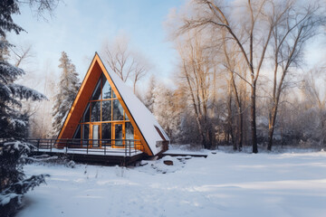 a beautiful A-frame house in the middle of the snowy forest on a brightful day