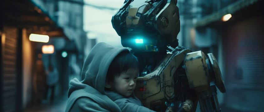 Sci-fi dystopian scene of a robot holding baby at the street. Anamorphic 4K footage