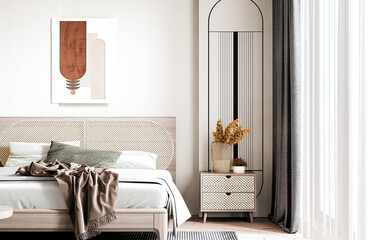 modern bedroom interior with dressing table, Bed with bedhead and side table with photo frame , wall mockup ,Scandinavian style, 3D render, 3D illustration