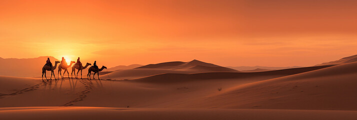 Saharan sand dunes, shades of red and orange, camel caravan in the distance, sun setting or rising