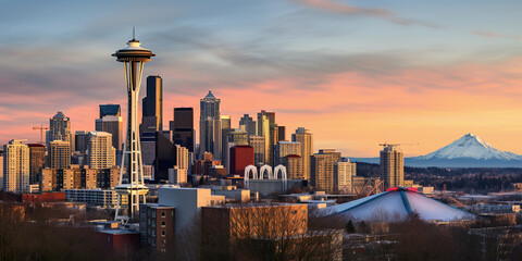 skyline with the Space Needle, Mount Rainier in the background, shot during golden hour