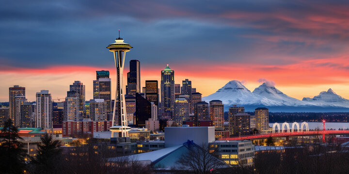 skyline with the Space Needle, Mount Rainier in the background, shot during golden hour