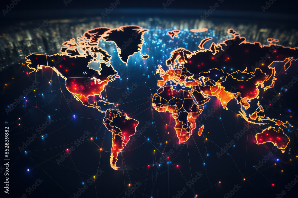 Aufkleber tech-connected globe: world map with pins on a futuristic technology-lit background - global connect