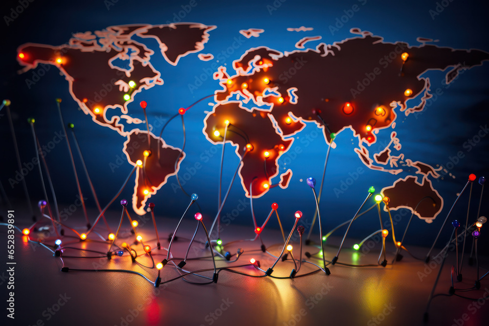 Aufkleber tech-connected globe: world map with pins on a futuristic technology-lit background - global connect