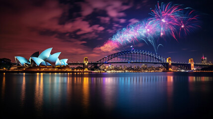Sydney skyline featuring the Opera House and Harbour Bridge, vibrant fireworks during New Year’s...