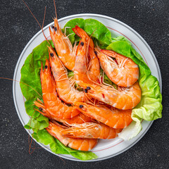 shrimp fresh prawn seafood crustacean langoustine meal food snack on the table copy space food background rustic top view