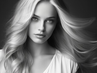 Fototapeta premium Beautiful young woman with long blonde hair and natural make-up. Fashion portrait of young beautiful woman with long blond hair on black background. Black and white.