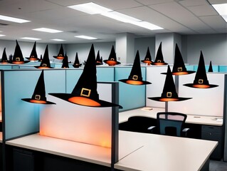 A Row Of Desks With Witches Hats On Them