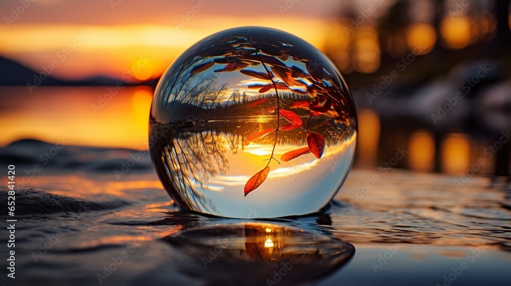 Poster glass globe on the beach with autumn tree generated by AI tool 