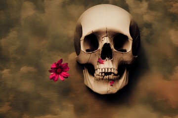 A Skull With A Flower In Its Mouth