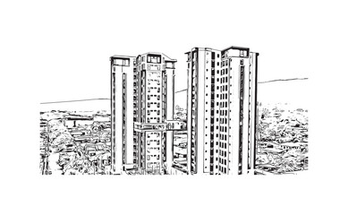 Building view with landmark of San Pedro is the city in Belize. Hand drawn sketch illustration in vector. 