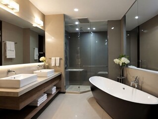 Fototapeta na wymiar A Bathroom With A Tub, Sink, And Mirror