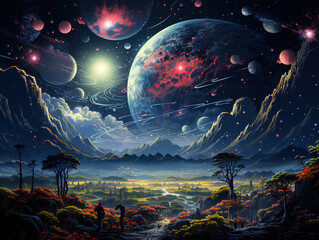 Obraz premium Colorful Retro Risograph Illustration of Another World in Space