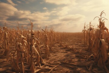 Generative AI In hot summer, dryness destroys cultivated plants. Rows on the dry, crusty soil. A dead agricultural corn field. The problem of drought and global warming. - obrazy, fototapety, plakaty