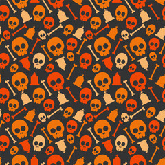 Halloween pattern with halloween skull tombstone and bones in different colors on dark background