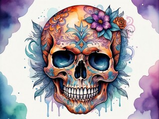A Skull With Flowers And Butterflies On It