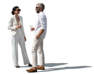 Man and woman in elegant white clothing standing and drinking cocktails and talking isolated on...
