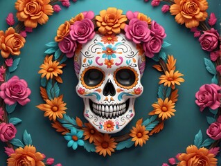 A Skull Surrounded By Flowers And Leaves