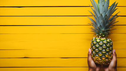 Hand holding pineapple sunglass, yellow background.