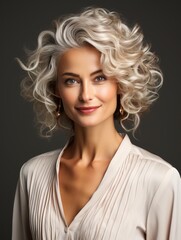 Portrait of a beautiful blonde woman with curly hair on a gray background. 
