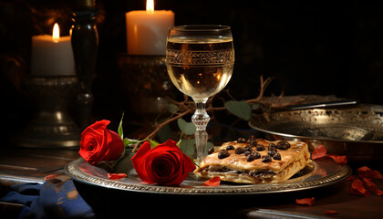 Romantic candlelight, gourmet food, wine, and chocolate ignite celebration generated by AI